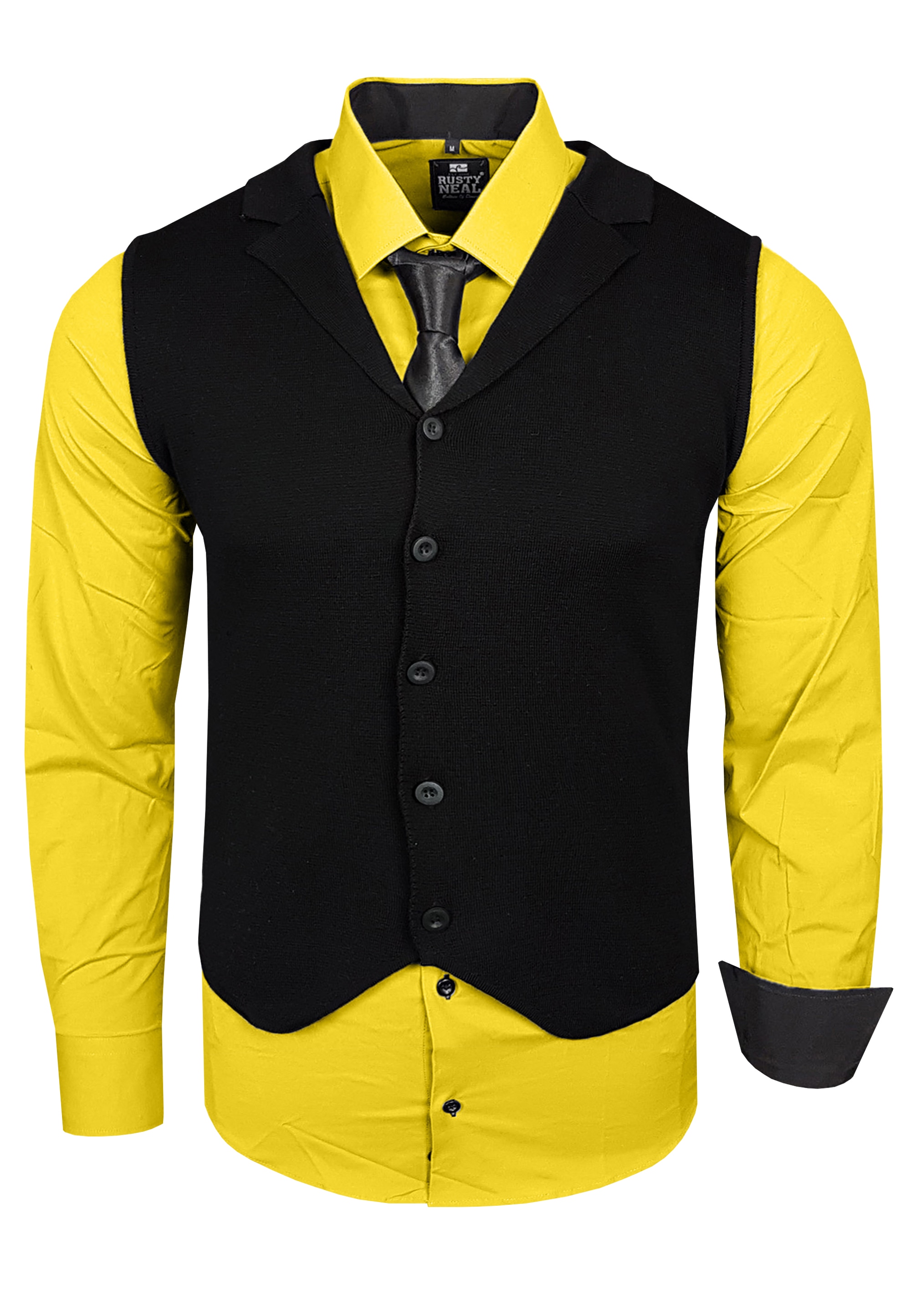 Langarmhemd RUSTY NEAL, Herren, Gr. 5XL, EURO-Größen, gelb, 60% Baumwolle, 37% Polyester, 3% Elasthan, mehrfarbig, ohne Ausschnitt, Hemden, bestehend aus Hemd, Weste und Krawatte