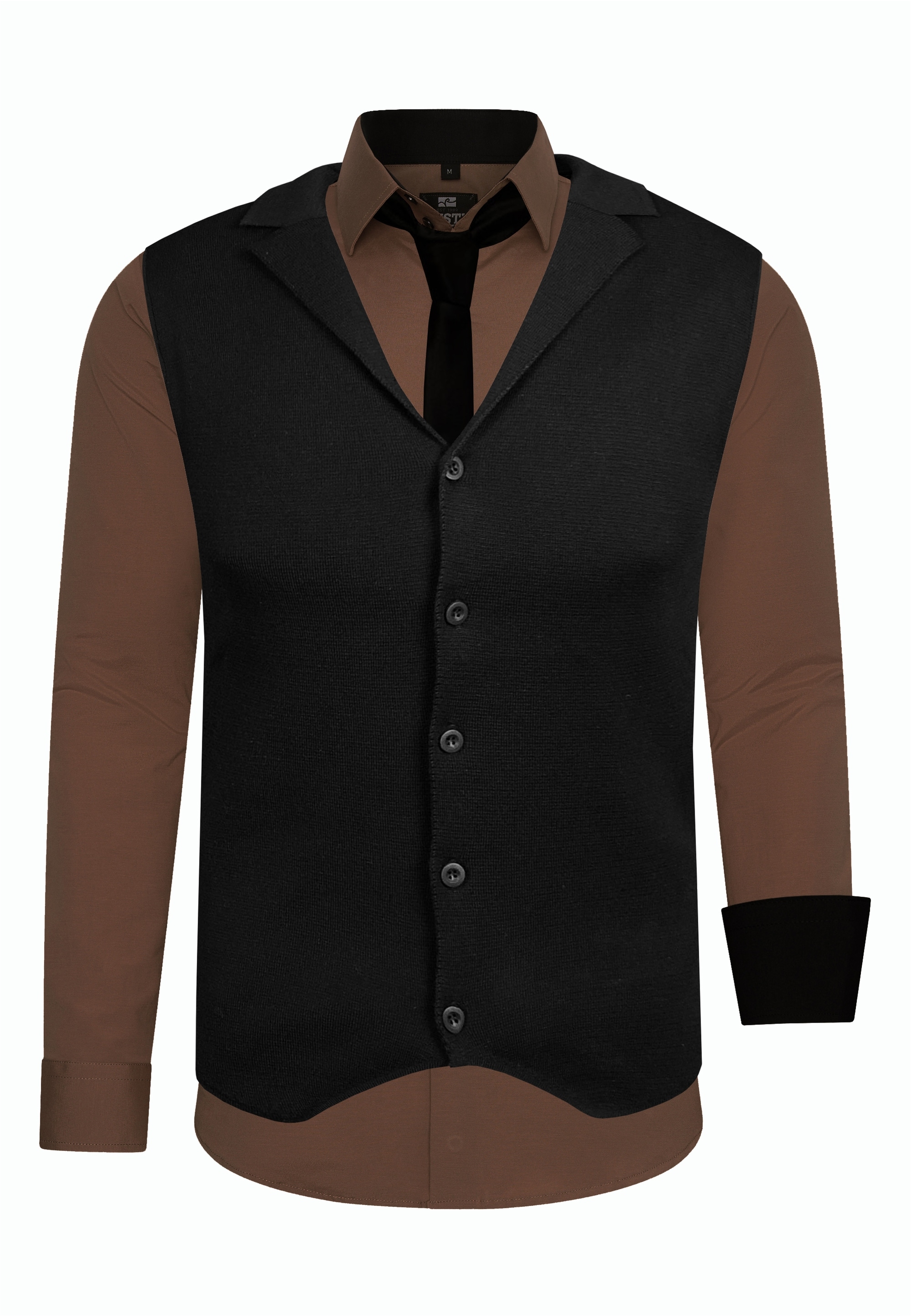 Langarmhemd RUSTY NEAL, Herren, Gr. 6XL, EURO-Größen, braun, 60% Baumwolle, 37% Polyester, 3% Elasthan, mehrfarbig, ohne Ausschnitt, Hemden, bestehend aus Hemd, Weste und Krawatte