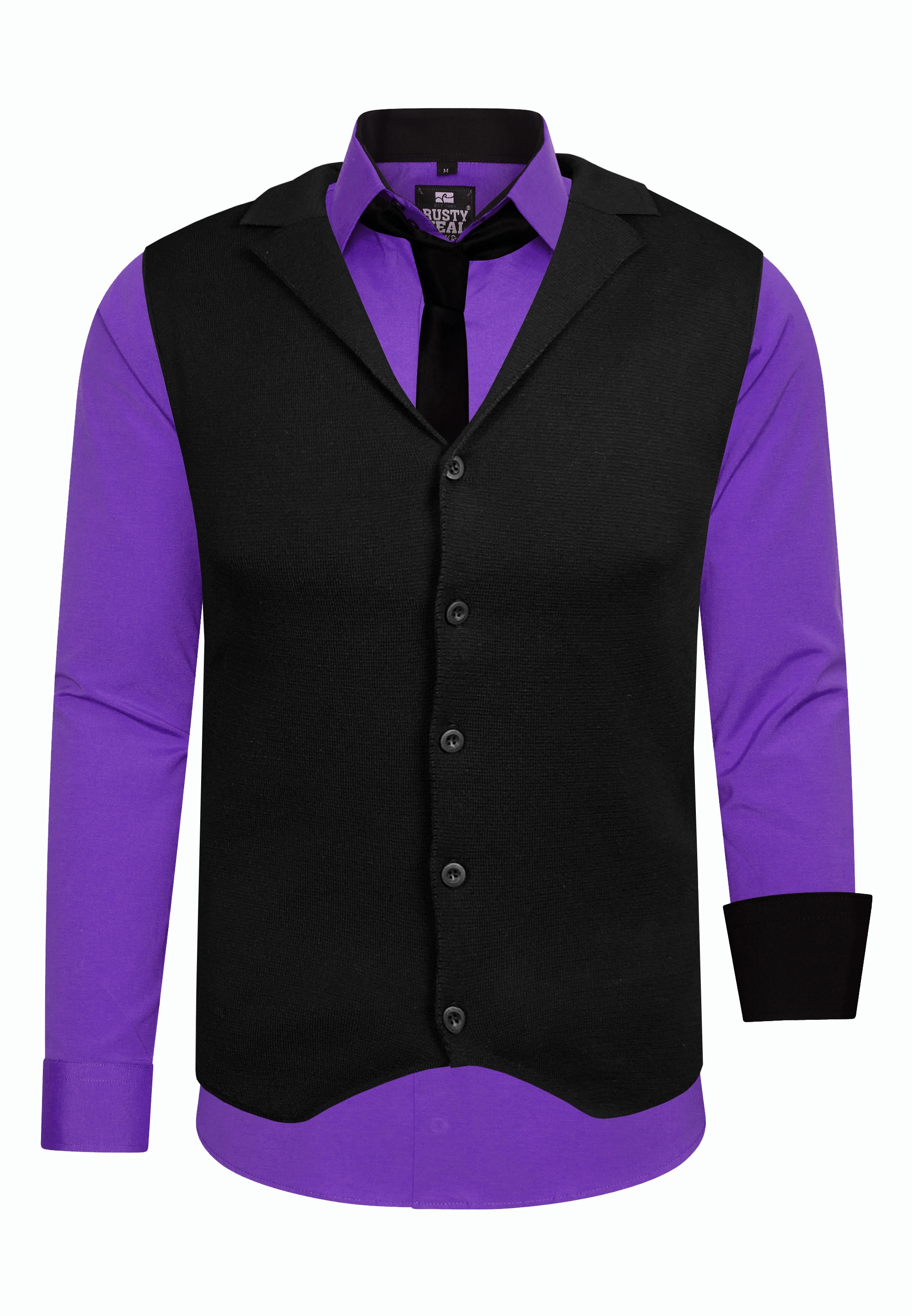 Langarmhemd RUSTY NEAL, Herren, Gr. 4XL, EURO-Größen, lila, 60% Baumwolle, 37% Polyester, 3% Elasthan, mehrfarbig, ohne Ausschnitt, Hemden, bestehend aus Hemd, Weste und Krawatte