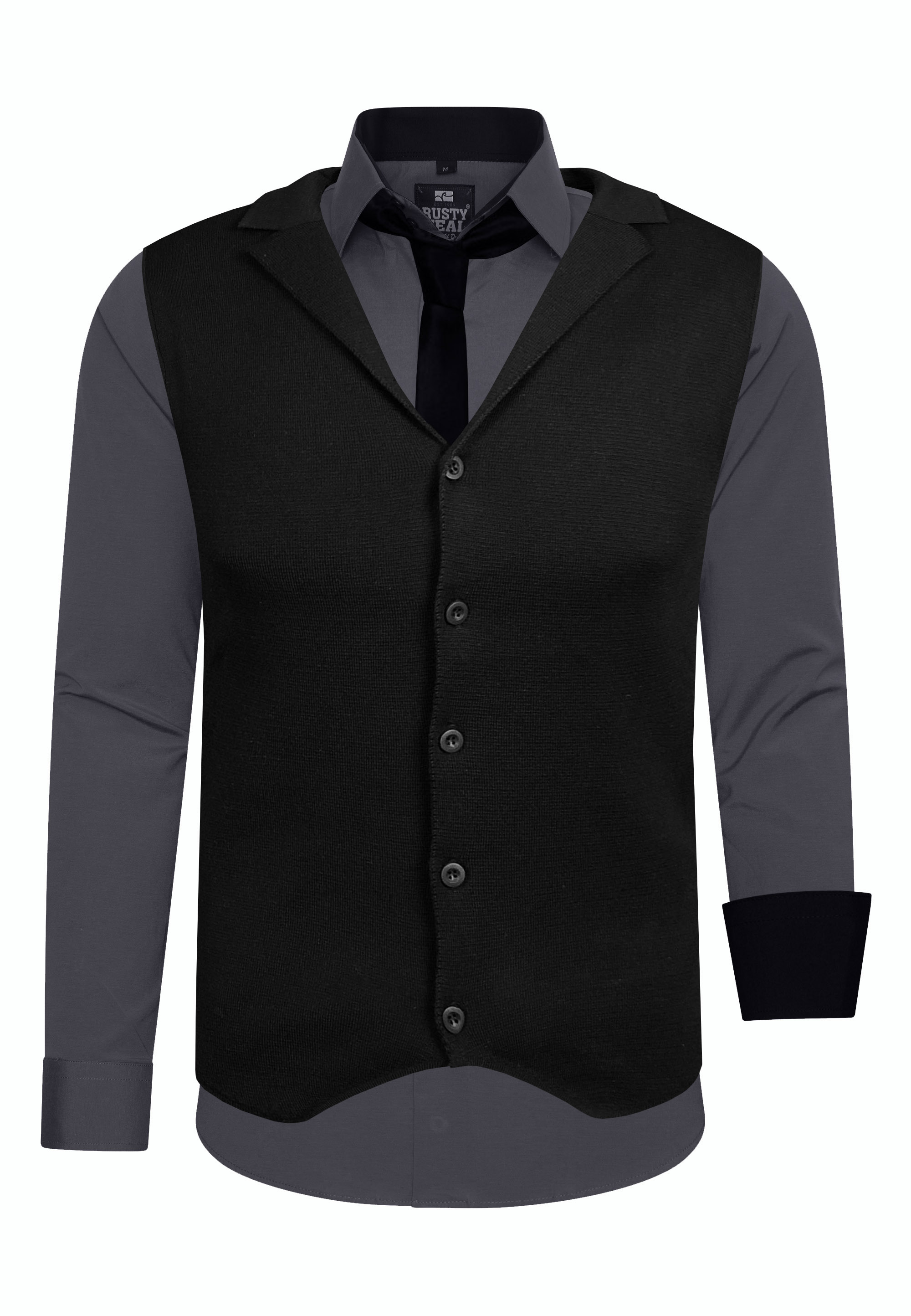 Langarmhemd RUSTY NEAL, Herren, Gr. S, EURO-Größen, grau (anthrazit), 60% Baumwolle, 37% Polyester, 3% Elasthan, mehrfarbig, ohne Ausschnitt, Hemden, bestehend aus Hemd, Weste und Krawatte