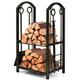 COSTWAY Firewood Log Rack with 4 Pcs Fireplace Tools, Wrought Iron Storage Logs Holder with Poker, Tong, Brush and Shovel, Indoor Outdoor Wood Storage Stacking Stand (Bronze)