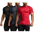 TSLA Men's Cool Dry Short Sleeve Compression Shirts, Athletic Workout Shirt, Active Sports Base Layer T-Shirts, Core 3pack Tops A Black/Charcoal/Red, L