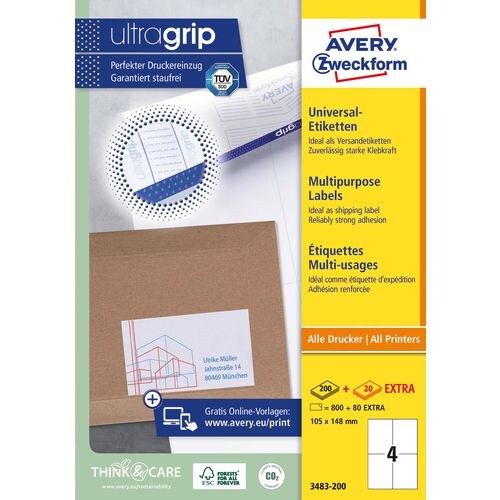 AVERY Zweckform ultragrip Universaletiketten 3483-200 Selbsthaftend DIN A4 Weiß 105 x 148 mm 220 Blatt à 4 Etiketten Image