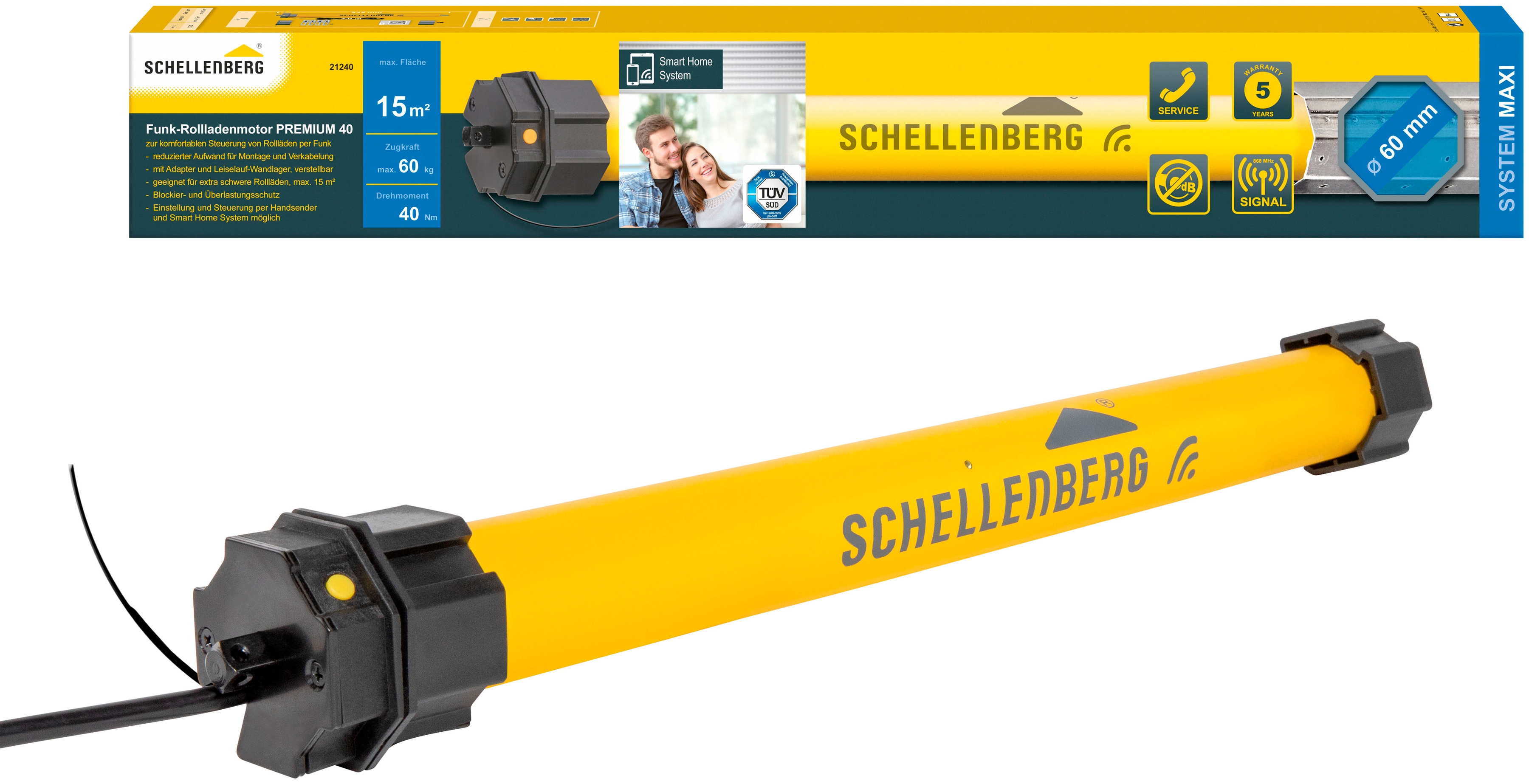 Rollladenmotor SCHELLENBERG "Premium, Rohrmotor mit Funk Endlageneinstellung", gelb, B:6,5cm L:62cm Ø:4,5cm, Kunststoff, Stahl, Rollladenmotoren, geeignet für 60 mm Rollladenwellen, Maxi, 40 Nm, Zugkraft 60 kg