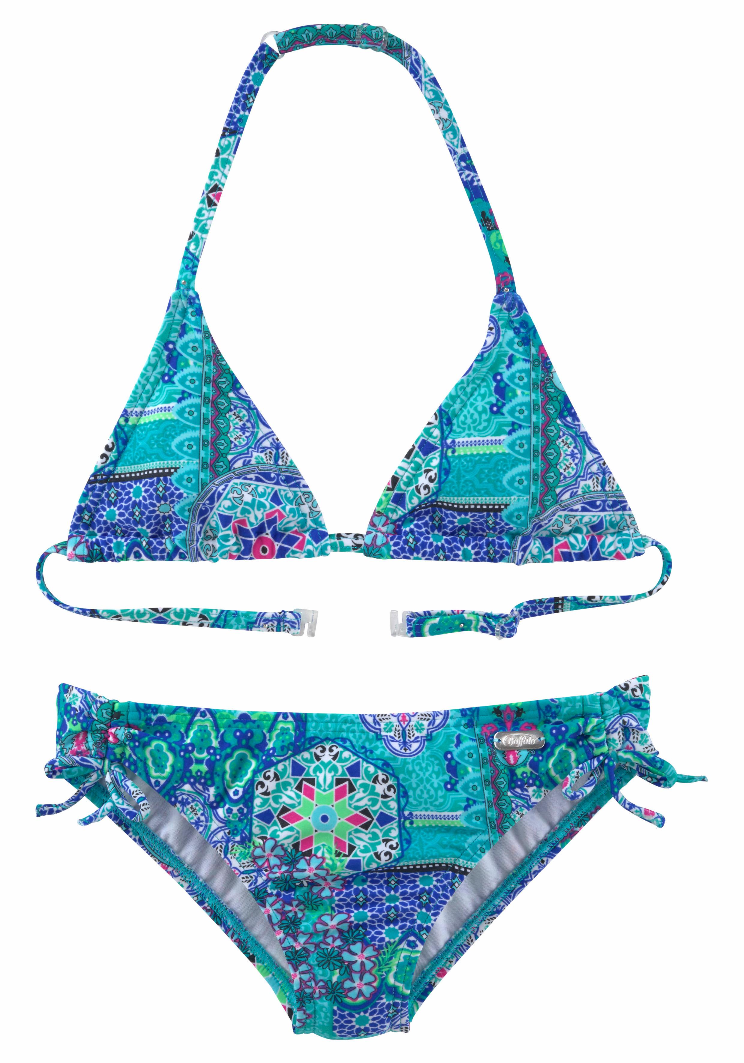 Triangel-Bikini BUFFALO "Shari Kids", Mädchen, Gr. 134/140, N-Gr, grün (türkis, bedruckt), Polyamid, Paisleymuster, Bikini-Sets Triangel-Bikini, im Folklore-Print