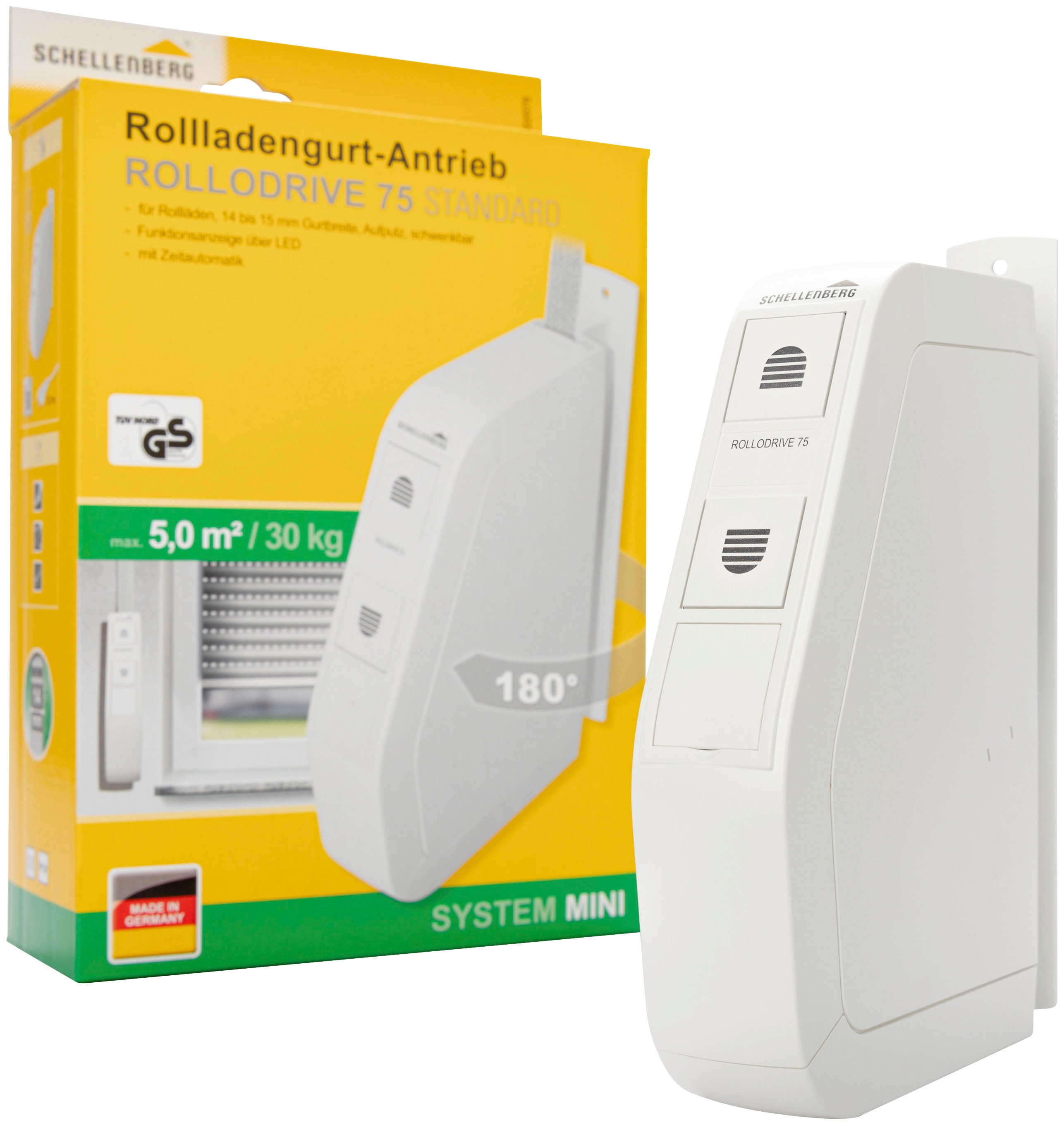 Rollladengurt-Antrieb SCHELLENBERG "Aufputz, elektrischer Gurtwickler RolloDrive 75 Standard", weiß, B:15,5cm H:19,9cm T:16,6cm, Gurtwickler, bis 5 m² Fläche und 30 kg Zugkraft, 180 schwenkbar, System Mini