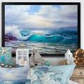 Highland Dunes Blue Ocean Waves Scenery - Floater Frame Print on Canvas Metal in Blue/Gray/White | 16 H x 32 W x 1 D in | Wayfair