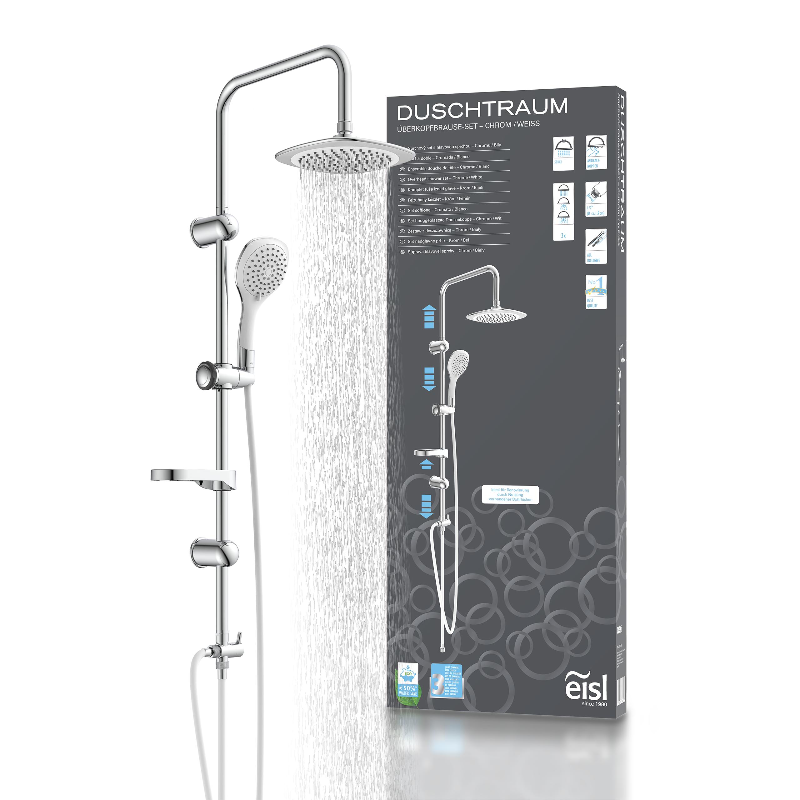 Brausegarnitur EISL "DUSCHTRAUM", weiß (chrom, weiß), H:100,5cm, ABS-Kunststoff, Brausegarnituren, 3-fach verstellbare Wellness Handbrause mit Antikalk-Noppen