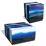 "Blue Run Off I & II" by Grace Popp Reverse Printed Beveled Art Glass Side Table with Black Plinth Base Set of 2