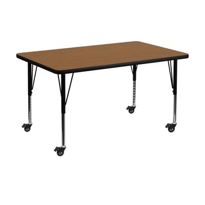 Offex 36"W x 72"L Mobile Rectangular Activity Table with Oak Thermal Fused Laminate Top and Height Adjustable Pre-School Leg