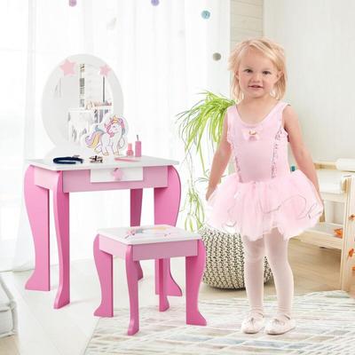 Kinder Schminktisch mit Hocker & abnehmbarem Spiegel & Schublade, Frisiertisch aus mdf Holz, Image