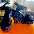 Louis Vuitton Shoes | Authentic Louis Vuitton Waterfall Wedge Sandal Sz 39 New! Dark Navy Blue Leather | Color: Blue/Gray | Size: 9