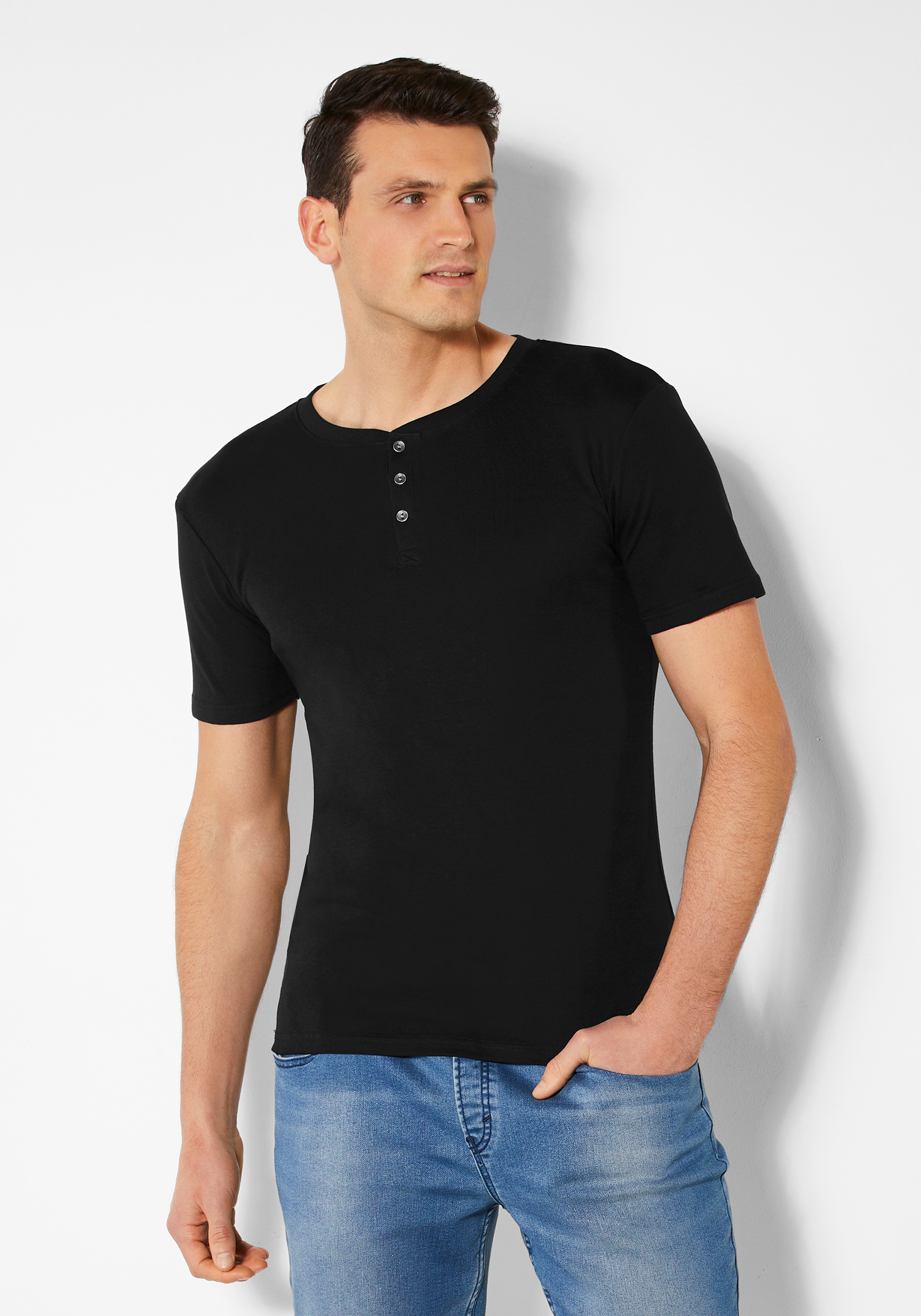 T-Shirt H.I.S, Herren, Gr. XL, schwarz, Feinripp, Obermaterial: 100% Baumwolle, unifarben, Basic, körpernah normal, Rundhals, abgesteppte Kante, Shirts, mit aufwendiger Knopfleiste, perfekt als Unterziehshirt Image