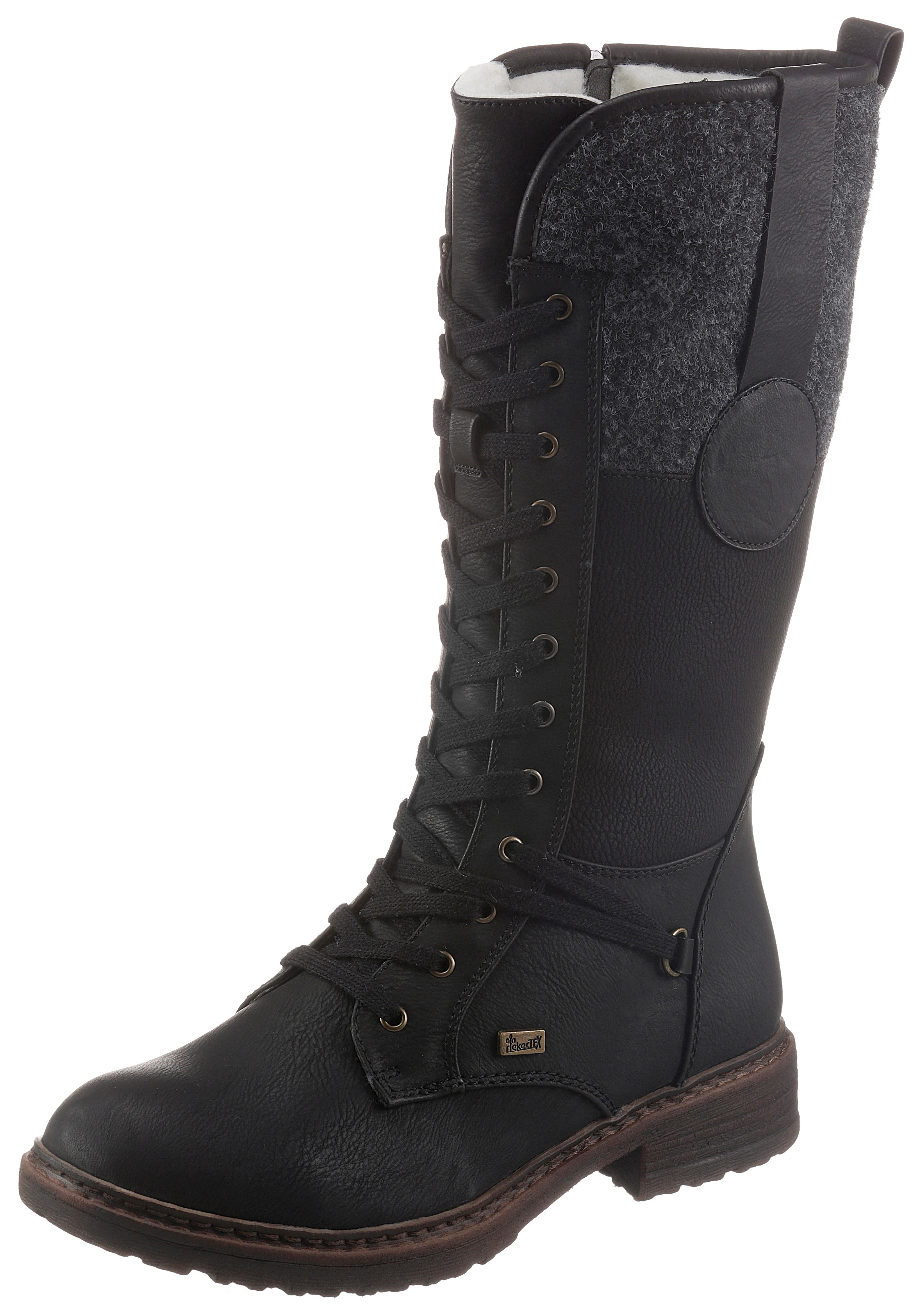 Schnürstiefel RIEKER, Damen, Gr. 40 (6,5), Varioschaft, schwarz, Filz, Nubuklederimitat, unifarben, Basic, Schuhe Schnürstiefel, Winterstiefel, Blockabsatz, Warmfutter, mit Tex-Ausstattung, Topseller