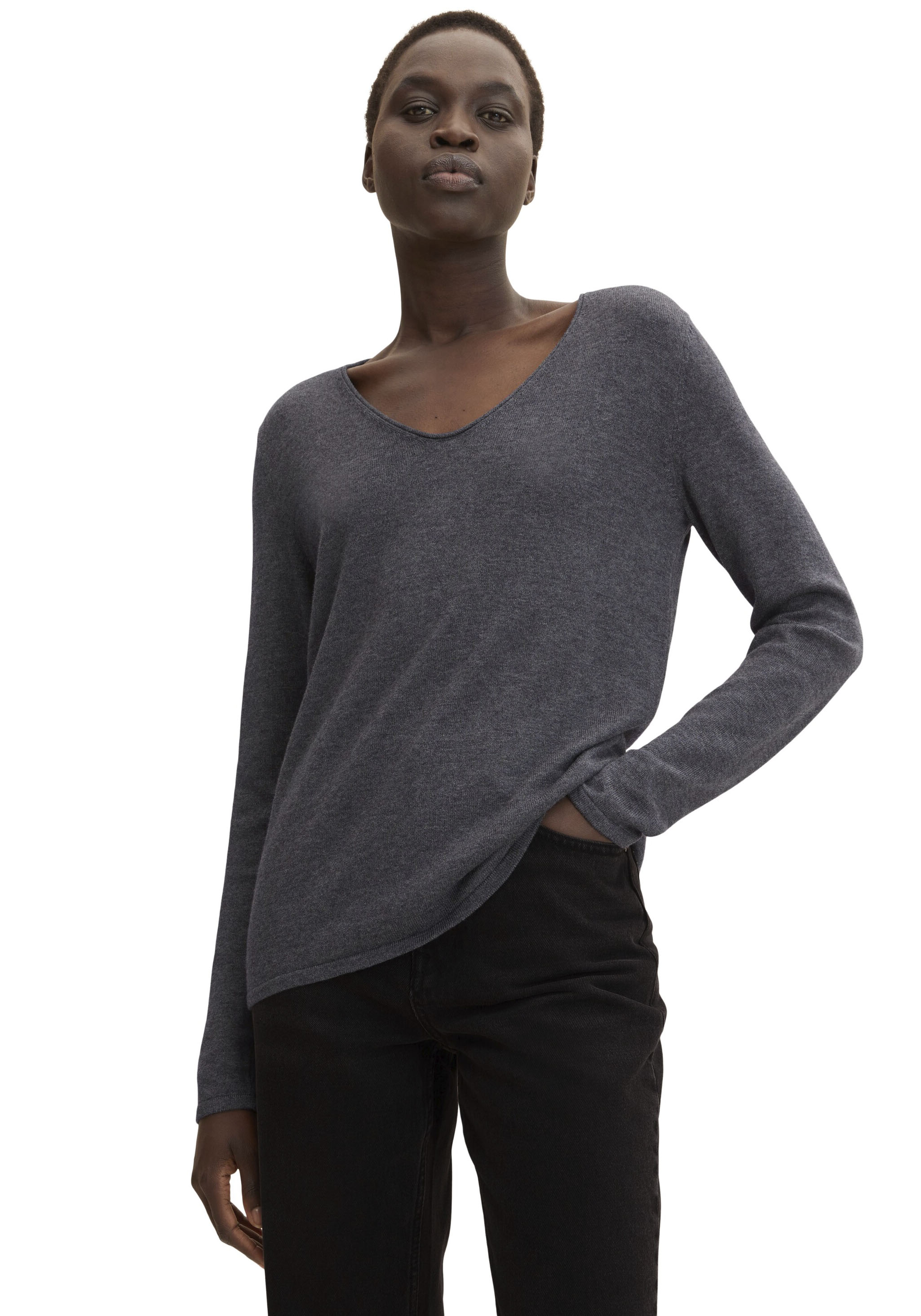 V-Ausschnitt-Pullover TOM TAILOR, Damen, Gr. S (36), grau (anthrazit meliert), Feinstrick, Obermaterial: 60% Baumwolle, 40% Viskose, unifarben, figurbetont hüftlang, V-Ausschnitt, eng Flachstrickbündchen, Pullover, aus Feinstrick