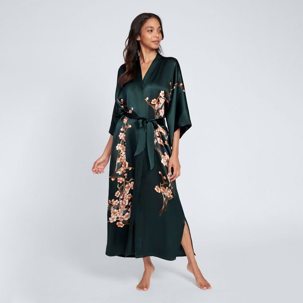 KIM+ONO Kimono Robe | Silk Handpainted Cherry Blossom Long Kimono Robe | Silk | Forest | Long
