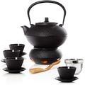 Bonvivre© Gusseisen asiatisches Teeset 12-tlg emailliert - 4 Personen - Teekanne (1,4 L), Teewärmer, Tassen, Untersetzer, Dosierlöffel, Siebeinsatz