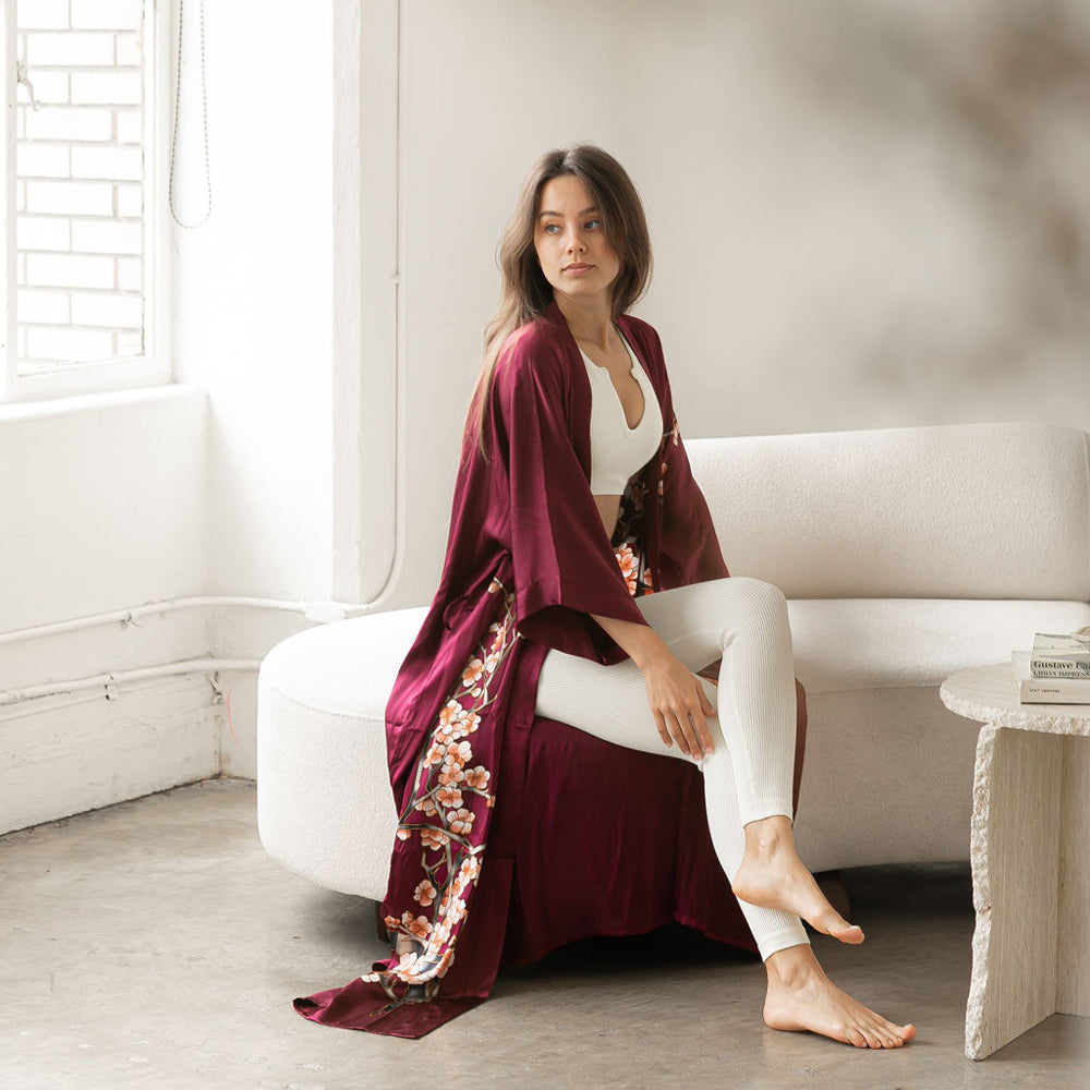 KIM+ONO Kimono Robe | Silk Handpainted Cherry Blossom Long Kimono Robe | Silk | Wine | Long