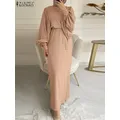 ZANZEA-Robe musulmane élégante avec ceinture pour femme robe de soirée monochromatique hijab de