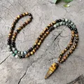 Collier Mala Turquoise Africaine pour Femme Oeil de Tigre Lune Yoga Méditation Ensembles de