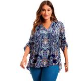 Plus Size Women's Roll-Tab Popover Tunic by June+Vie in Teal Mirrored Paisley (Size 18/20)