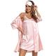 Doaraha Morgenmantel Damen Leicht Satin mit Schlafmaske Nachthemd Sexy Zweiteilig mit Spitze Kimono Robe Kurz (Pink, L)