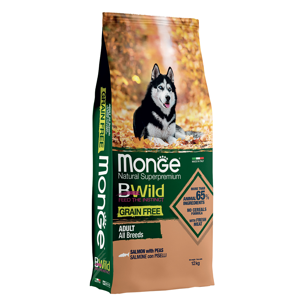 2 x 12 kg Monge Superpremium Crocchette cane - BWild Grain Free All Breeds Salmone con Piselli