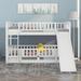 Twin Over Twin Low Bunk Bed with Slide and Fence , Twin Size Bed with Ladder and Full-Length Guardrail for Toddler Kids