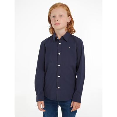 Langarmhemd TOMMY HILFIGER "SOLID STRETCH POPLIN SHIRT L/S", Jungen, Gr. 6/116, N-Gr, blau (marine), Obermaterial: 98% Baumwolle, 2% Elasthan, klassisch, Basic schmal, Langarm 1-Knopf-Manschette, Hemden, Kinder Kids Junior MiniMe,für Jungen Image
