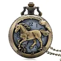 Rétro Bronze Cuivre Cheval Creux Quartz Montre de Poche FOB Heure Horloge 12 Zodiac Chaîne Pendentif