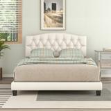 Full/Queen/King Size Elegant Upholstered Curved Tufted Linen Platform Bed Frame with Diamond Tufted