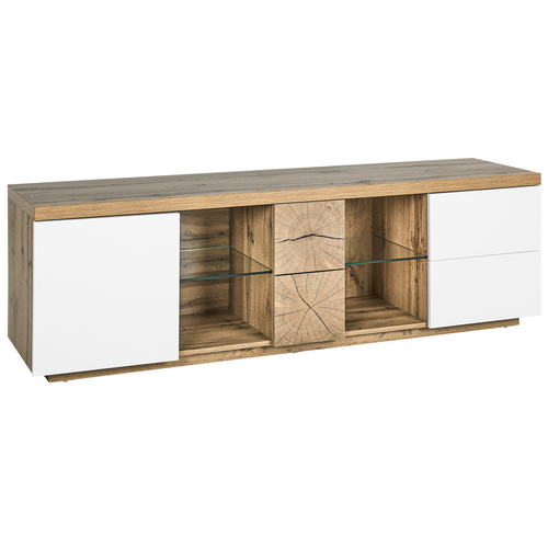 TV-Möbel Heller Holzfarbton und Weiß MDF Platte Wabenplatte 52 x 160 x 40 cm Holzoptik mit Tür 2 Schubladen 2 Glasböden Modern Wohnzimmer