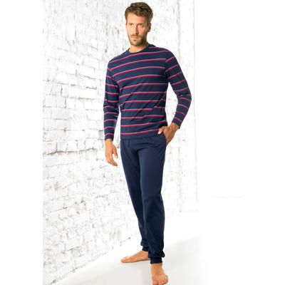 Pyjama H.I.S, Herren, Gr. 60/62 (XXL), blau (navy), Single Jersey, Obermaterial: 60% Baumwolle, 40% Polyester, gestreift, Basic, bequem, Rundhals, Langarm, Homewear-Sets, Schlafanzug mit garngefärbten Streifen Image