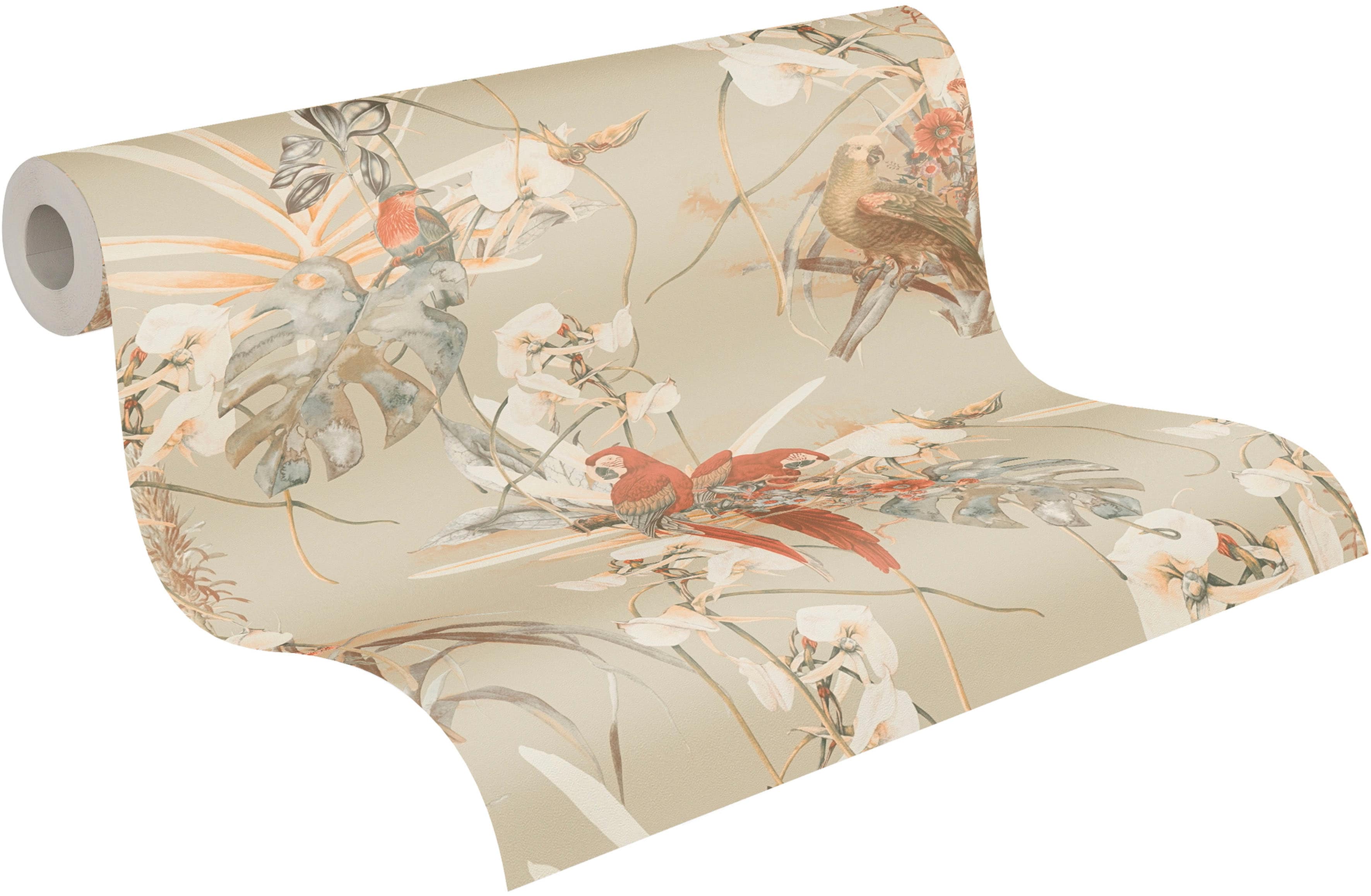 Vliestapete A.S. CRÉATION "PintWalls Papagei Floral", grau (orange beige weiß), B:0,53m H:0,01m L:10,05m, Vinyl, Vlies, Tapeten, Blätter Tapeten Wohnzimmer Schlafzimmer Küche modern Design Wandtapete
