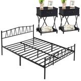 Industrial Bedroom Set of 3 Full/Queen Platform Bed Frame and 1-Drawer Modern Nightstands Set of 2