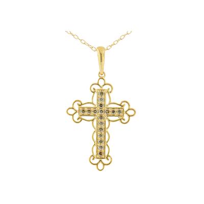 Women's Yellow Flashed Sterling Silver Champagne Diamond Filigree Cross Pendant Necklace by Haus of Brilliance in Yellow Gold