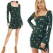Free People Dresses | Free People Celia Floral Mini Dress S Square Neck Long Sleeves Ruched Emerald | Color: Green/Pink | Size: S