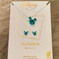 Disney Jewelry | Disney Silver Plated December Birthstone Mickey Mouse Earring And Necklace Set | Color: Blue/Green | Size: Length 16" + 2" Extender, Approx. Drop: 1/2"