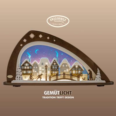 Lichterbogen WEIGLA "LED Winter in der Altstadt, moderner Schwibbogen aus Holz & Acrylglas", bunt (braun, weiß, grau), B:66cm H:33,8cm T:6cm, Holz, Holz, Schwibbögen, Erzgebirge garantiert, Weihnachtsdeko Innen, Weihnachtsbeleuchtung Image