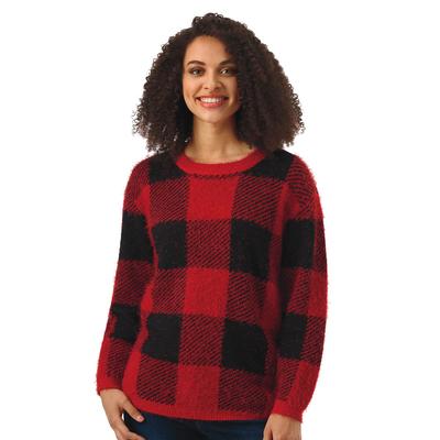 Masseys Faux Mohair Sweater (Size L) Buffalo Plaid-Red, Nylon,Acrylic
