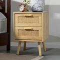 Bayou Breeze Nightstand, End Table, Side Table w/ 2 Hand Made Rattan Decorated Drawers, Wood Accent Table w/ Storage For Bedroom in Brown | Wayfair