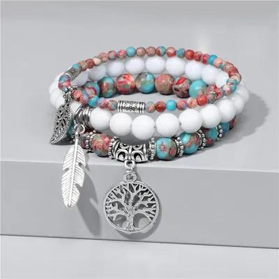 Bracelet de perles en pierre naturelle Bracelet de Lotus multicouche pour femmes pendentif arbre de