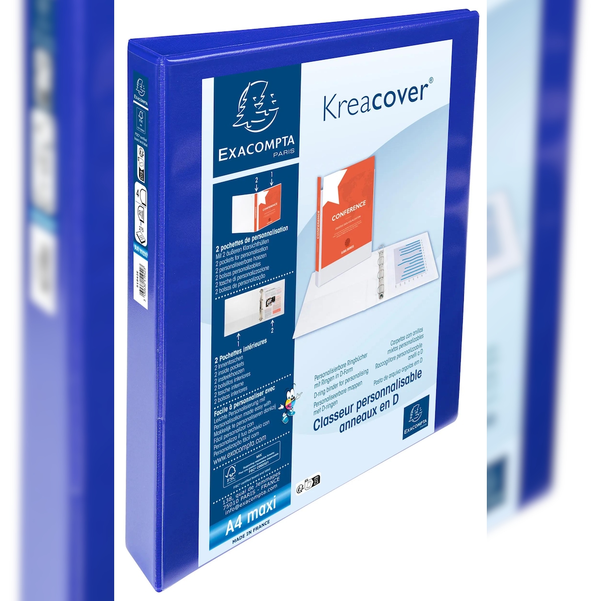 Exacompta 51942BE 10x Ringbuch aus PP 1,9mm, 4 Ringe 30mm, Rücken 47mm, 2 äußere Klarsichthüllen, 32x27,7cm für DIN A4 MAXI - Kreacover - Blau Image