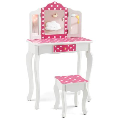 Costway Kids Vanity Table and Stool Set with Cute Polka Dot Print-Pink