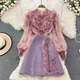 BanFrederder-Robe patchwork en dentelle perlée pour femme robe en tweed rose manches lanterne