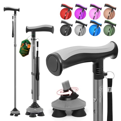 BeneCane Walking Cane for Men & Women Walking Stick for Seniors Folding Canes Quad Cane Adjustable Lightweight Sturdy Free Standing Collapsible Heavy Duty with Soft TPR T-Handle and Travel Bag