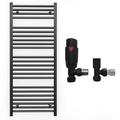 Myhomeware 450mm Wide Straight Black Heated Bathroom Towel Rail Radiator With Valves For Central Heating UK (With Black Angled TRV Valves, 450 x 1200mm (h))