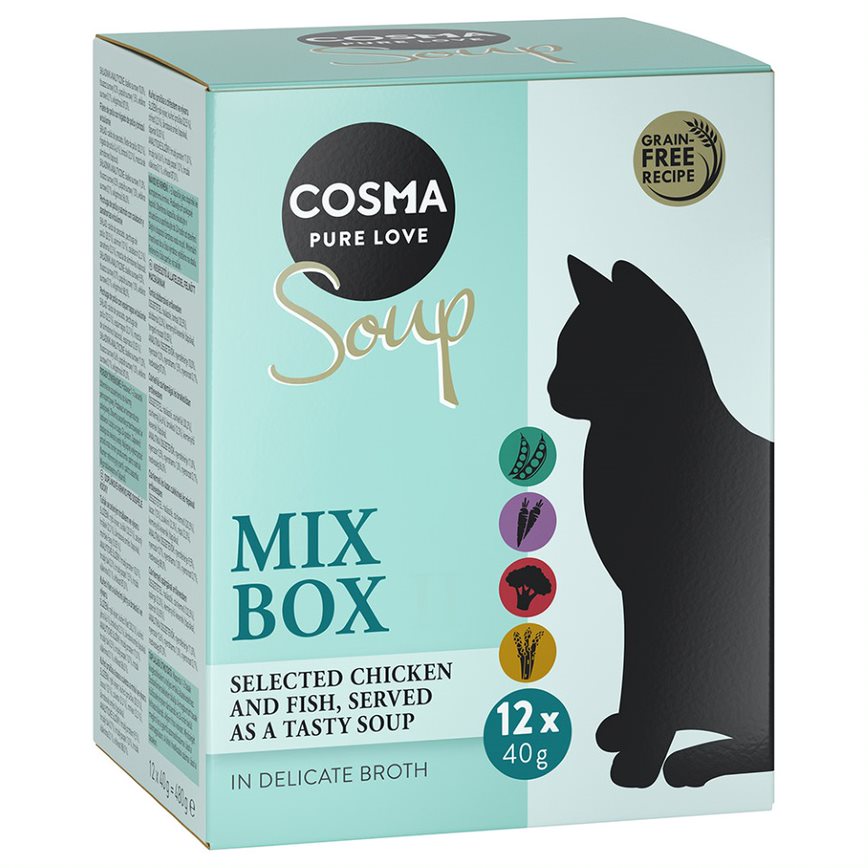 Cosma Soup 48 x 40 g Alimento umido per gatti - Mix: 12 x Pollo con Asparagi, 12 x Pollo con Fegato e Broccoli, 12 x Pollo e Salmone con Zucchine e Carote, 12 x Tonno con Piselli