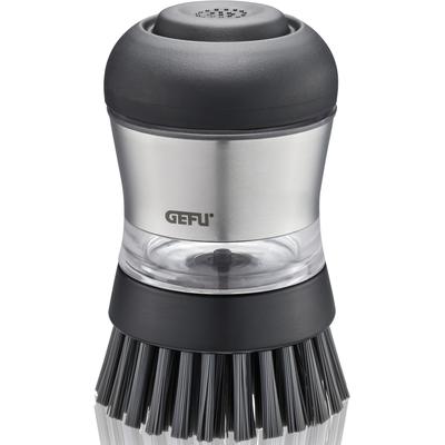 Reinigungsbürste GEFU "SWIFT", silber (schwarz, silberfarben, transparent), H:9,9cm Ø:6cm, Kunststoff, Edelstahl, Reinigungsbürsten, Spülbürste, ergonomisch geformt, mit Spülmittelspender Image