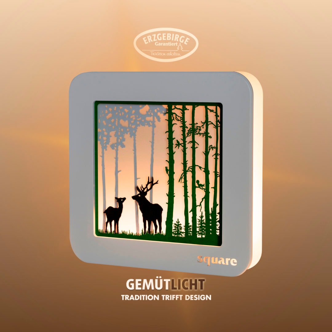 LED-Bild WEIGLA "Square Standbild Wald, Batterie & Timer, WEIẞ - GRÜN, Made in Germany", weiß (farbe rahmen: weiß, farbe bild(er): weiß), B:29cm H:29cm T:5,5cm, Holzwerkstoff, Bilder, Erzgebirge garantiert,Weihnachtsdeko Innen,... Image